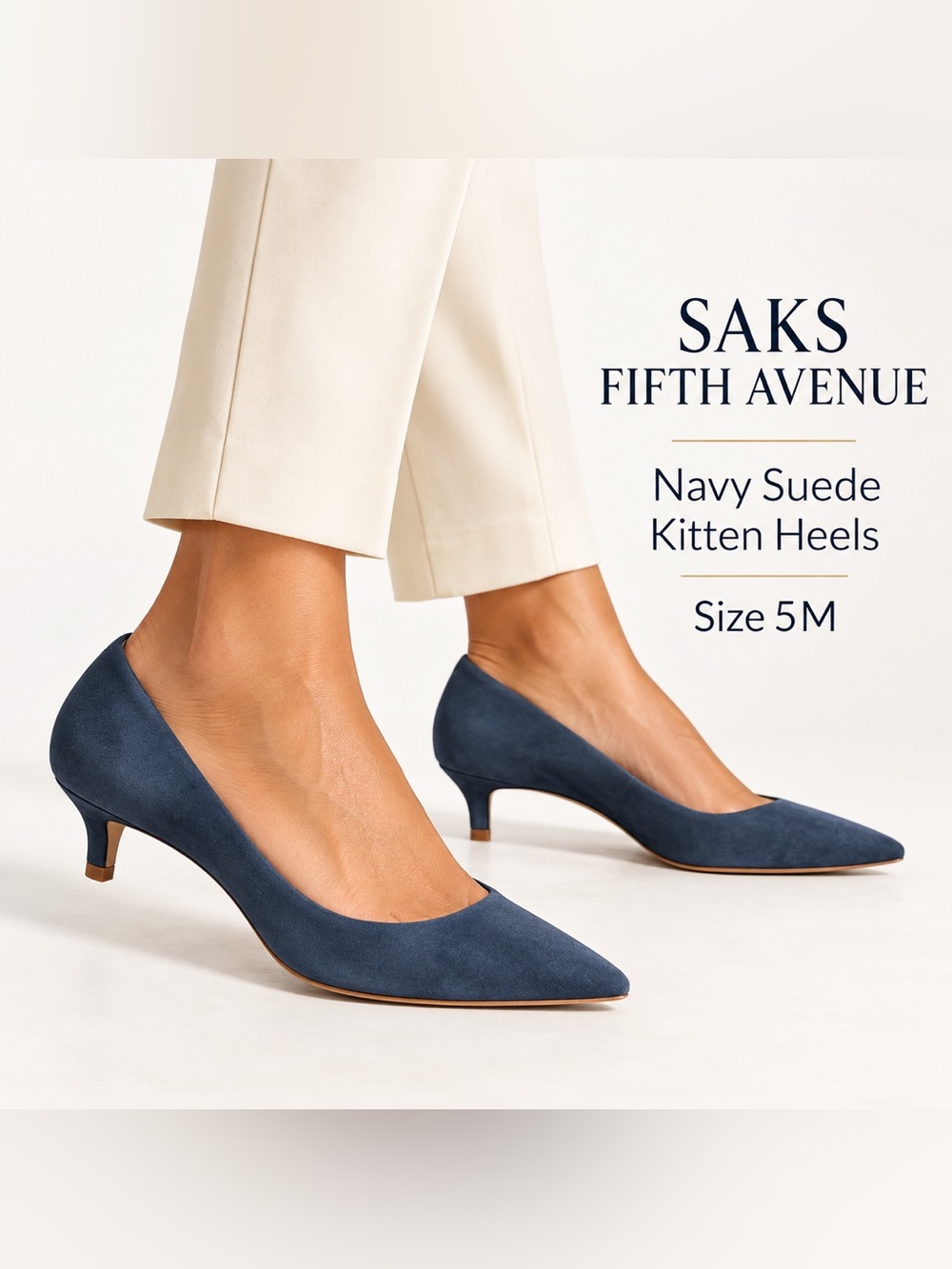 Saks Fifth Avenue Navy Suede Pointed Toe Kitten Heel Pumps 5M
